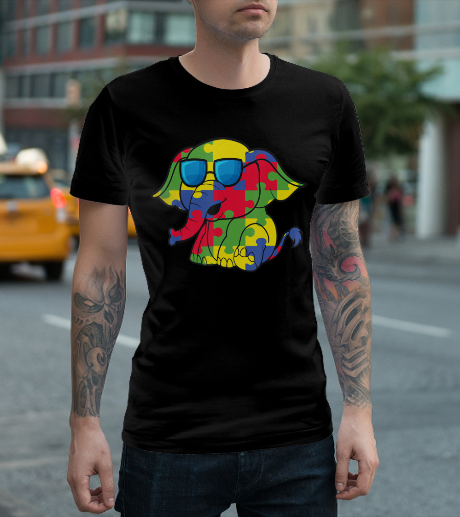 Autism Awareness Puzzle Pattern Elephant with Sunglasses T-Shirt