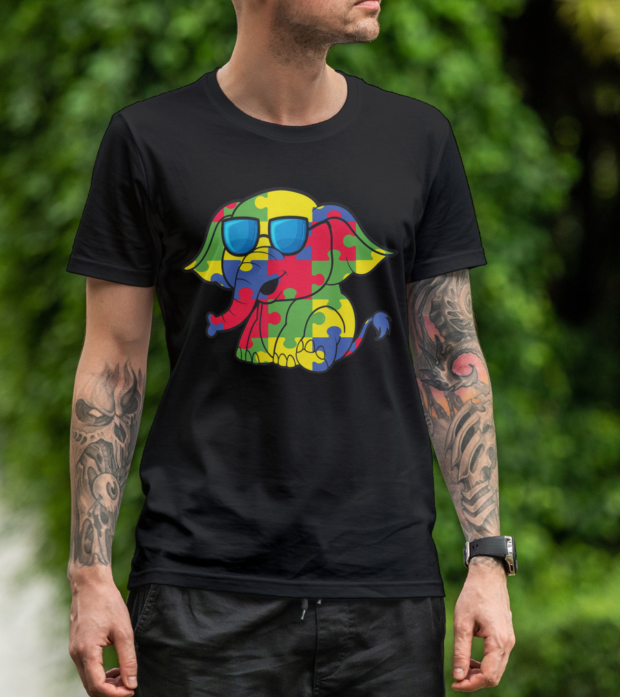 Autism Awareness Puzzle Pattern Elephant With Sunglasses T-Shirt