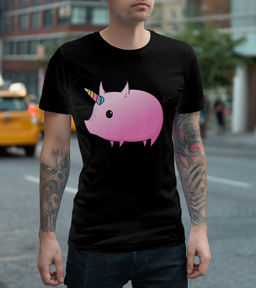 Unicorn Pig Rainbow Horn Adorable Cartoon Character T-Shirt