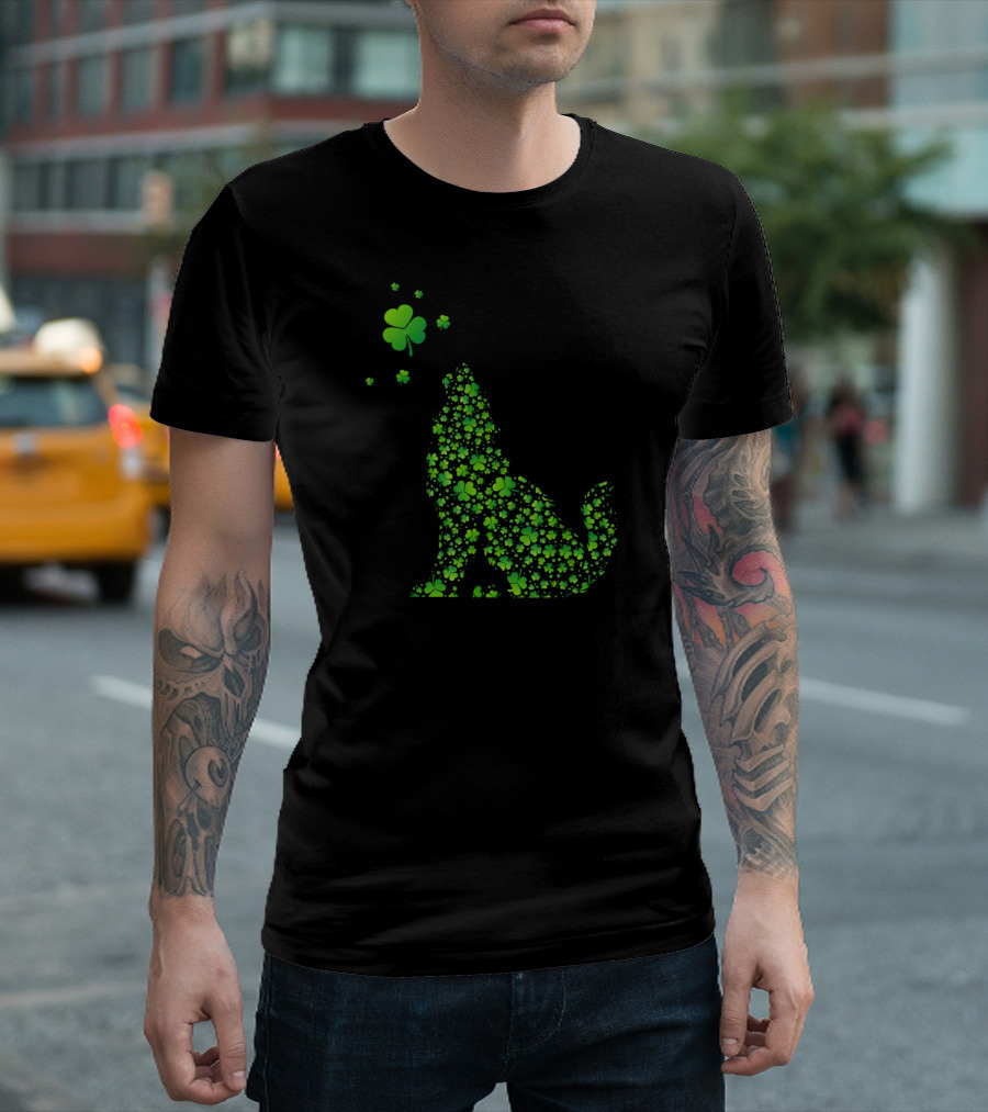 Shamrock Wolf Howling with Green Clover T-Shirt
