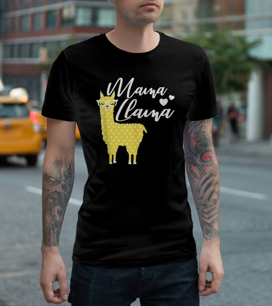 Mama Llama Yellow Polka Dots with Glasses and Hearts T-Shirt