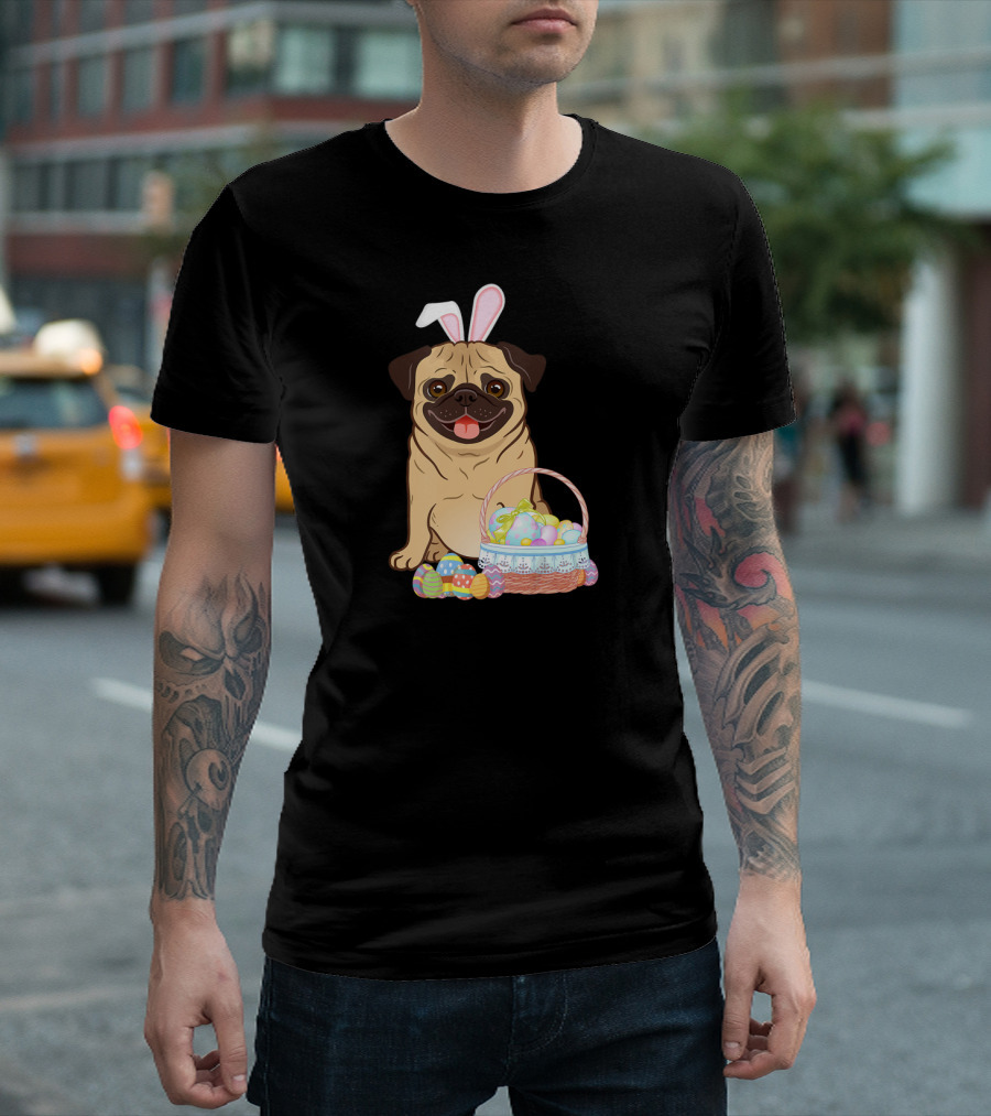 Pug Wearing Bunny Ears with Easter Egg Basket T-Shirt