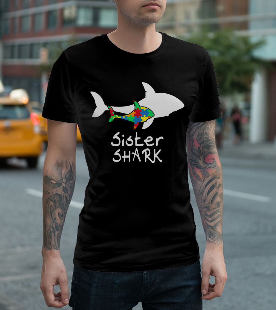 Sister Shark Autism Puzzle Piece Awareness T-Shirt