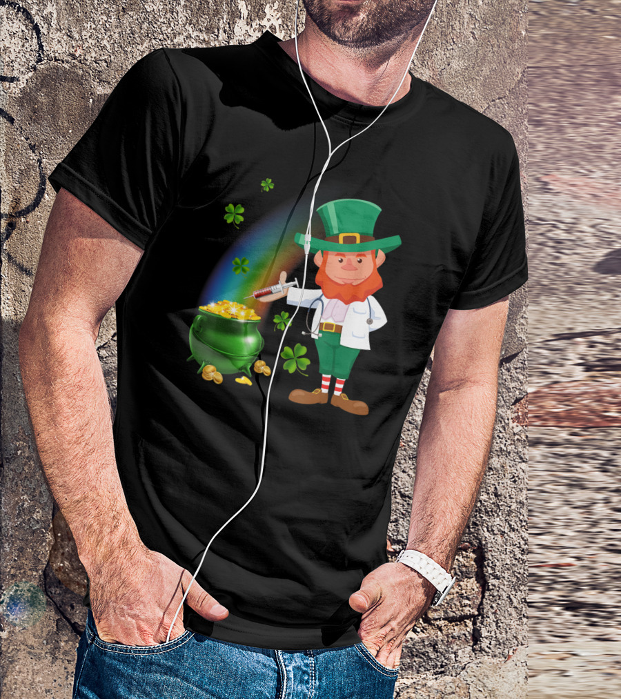 Leprechaun With Stethoscope And Syringe By Pot Of Gold And Rainbow T-Shirt