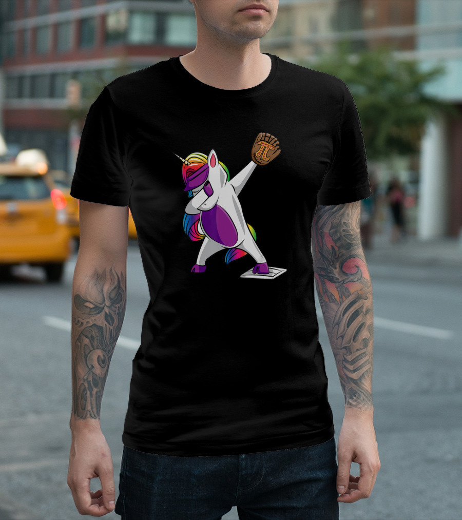 Pi Day Baseball Dabbing Unicorn Rainbow Glove T-Shirt
