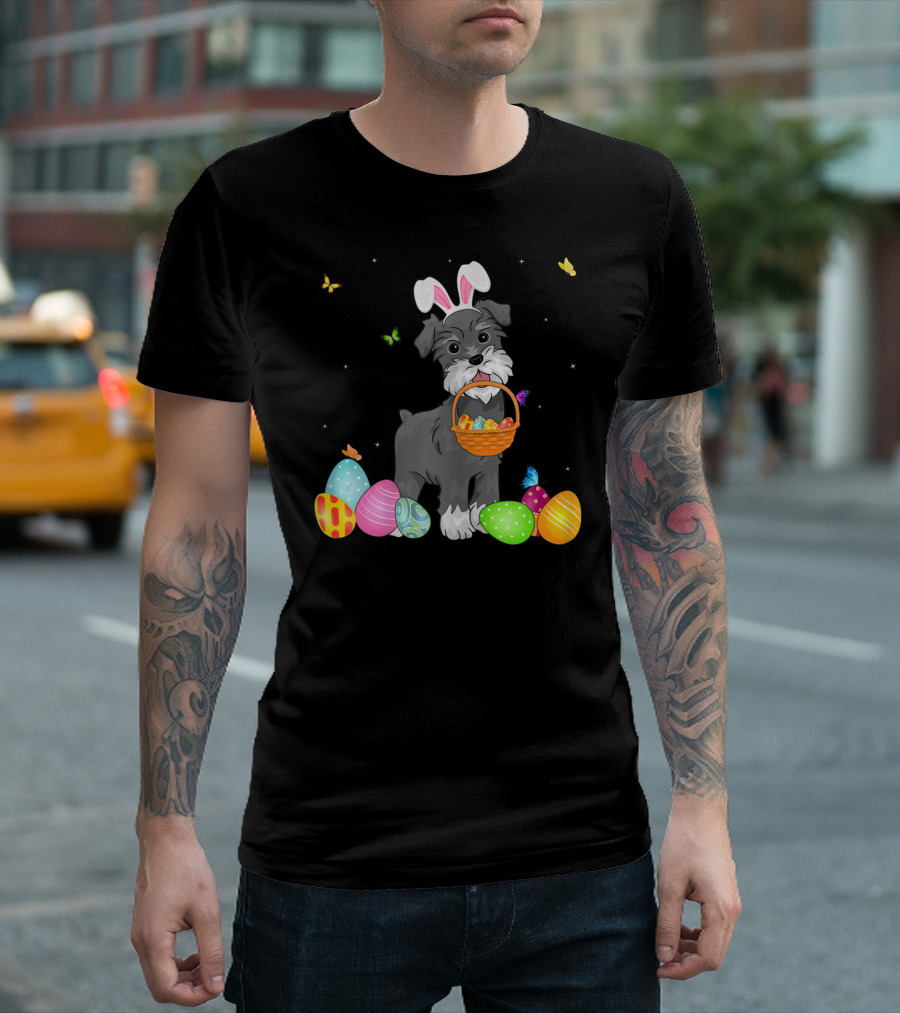 Bunny Schnauzer With Basket And Eggs Easter Day T-Shirt
