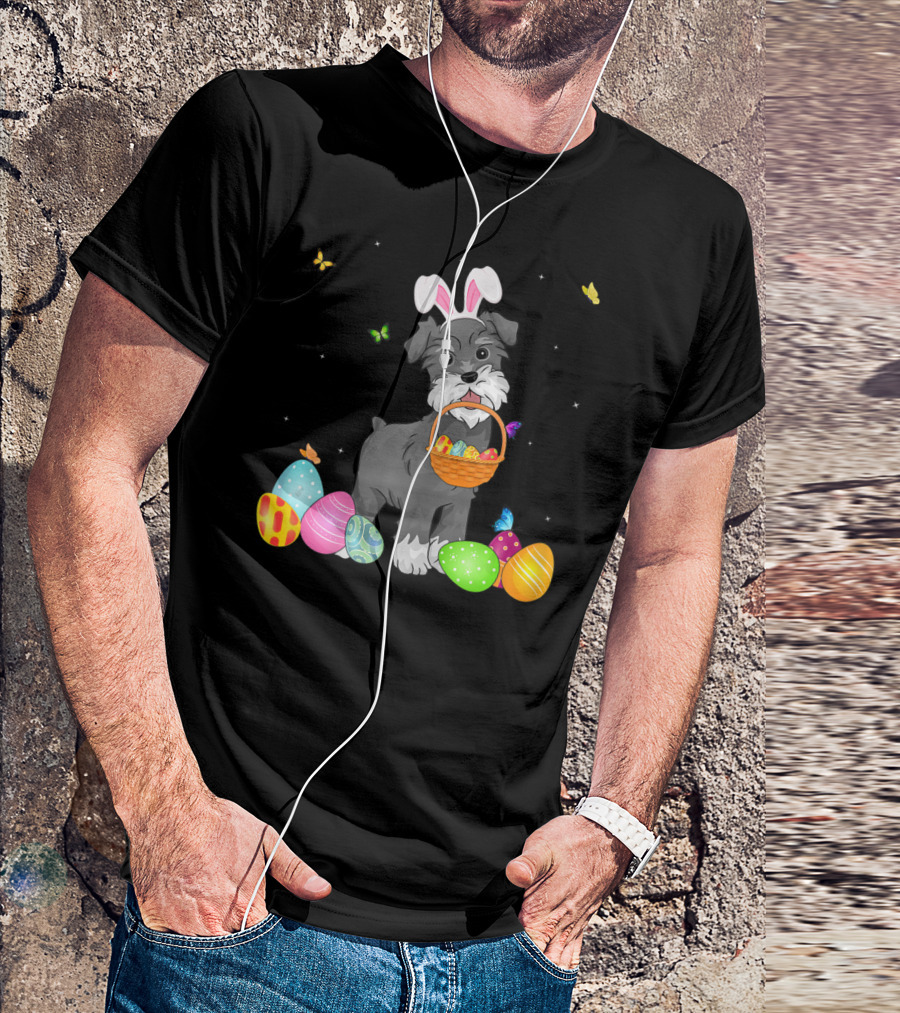 Bunny Schnauzer With Basket And Eggs Easter Day T-Shirt