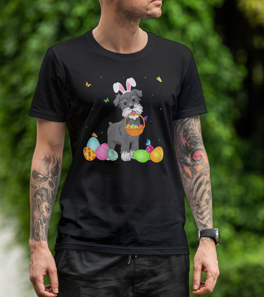 Bunny Schnauzer With Basket And Eggs Easter Day T-Shirt