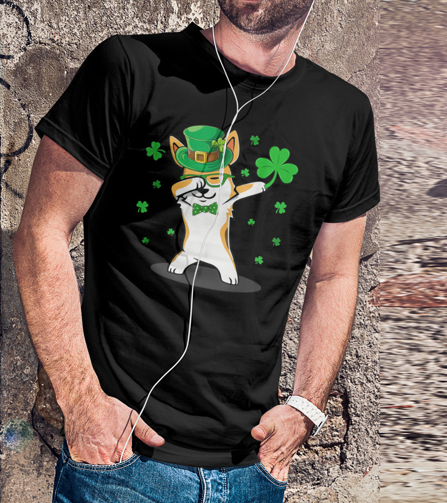 Dabbing Corgi With Shamrocks And Leprechaun Hat For St. Patrick's Day T-Shirt