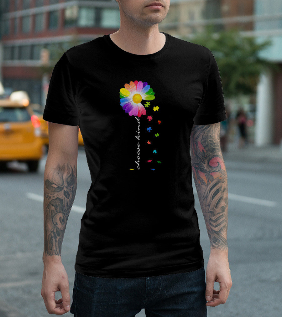 Choose Kind Rainbow Daisy Autism Awareness Puzzle Pieces T-Shirt