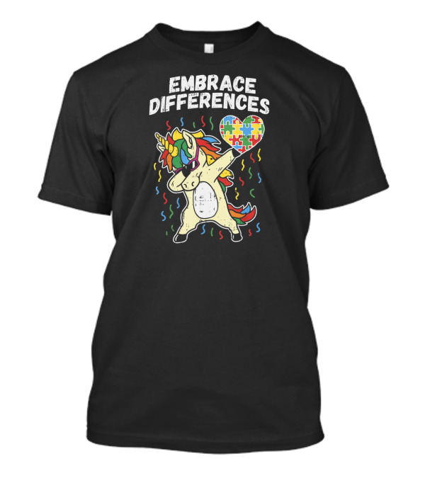 Embrace Differences Dabbing Unicorn Puzzle Heart Autism T-Shirt