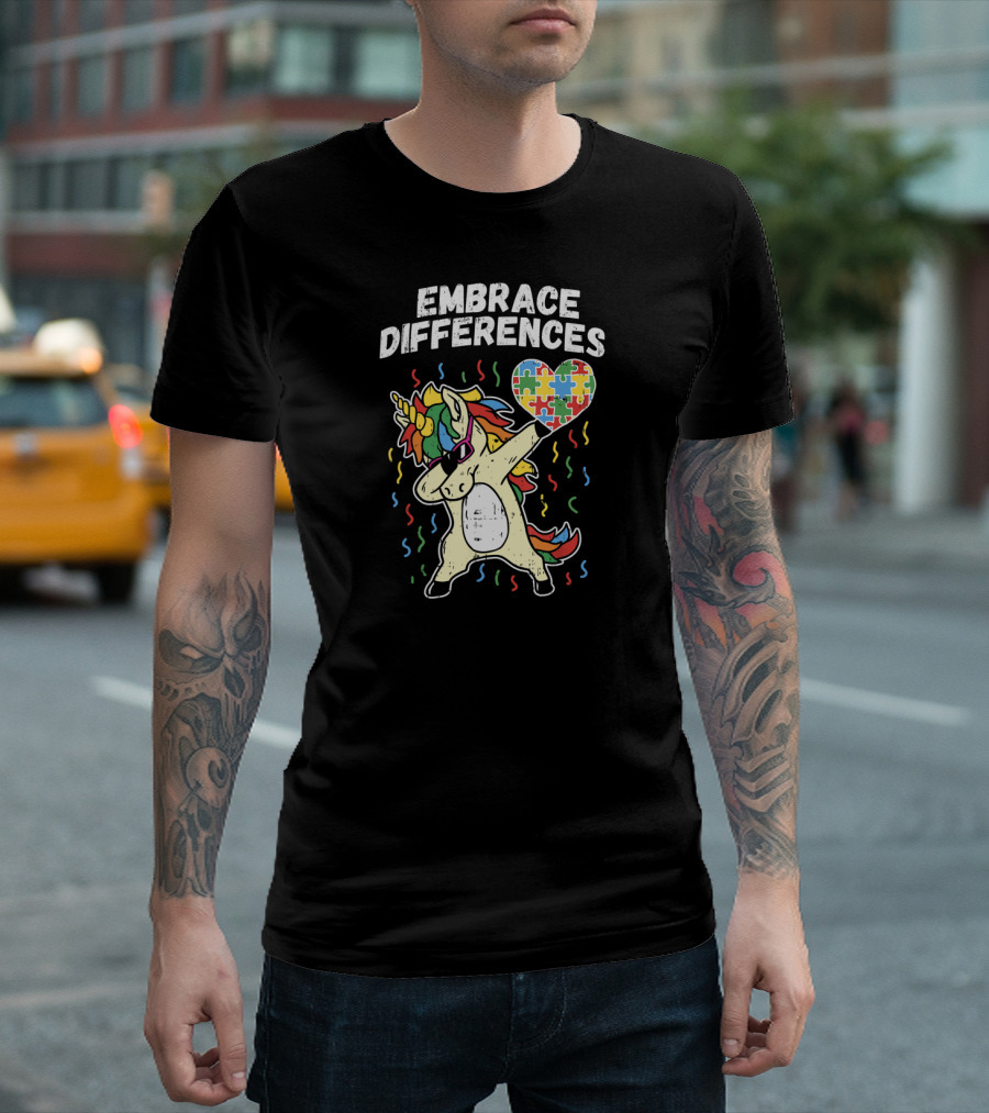 Embrace Differences Dabbing Unicorn Puzzle Heart Autism T-Shirt
