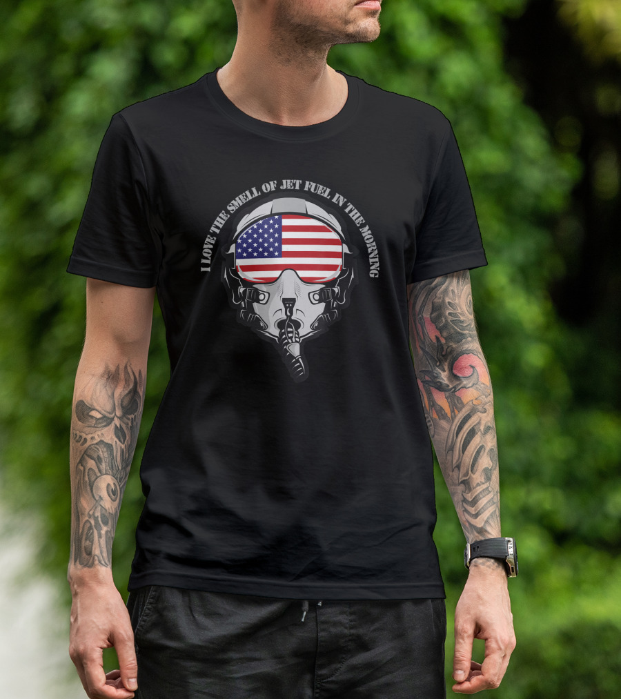 I Love The Smell Of Jet Fuel In The Morning Pilot Mask With American Flag Visor T-Shirt