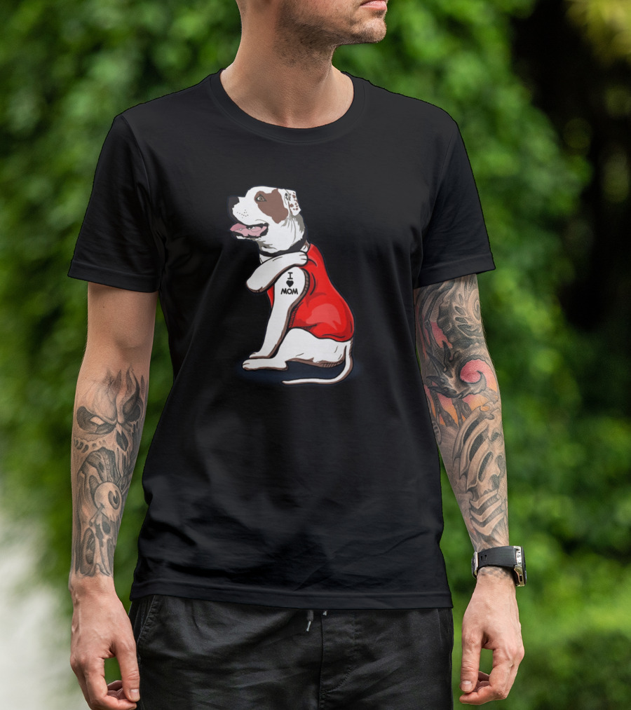 American Bulldog Wearing I Love Mom Tattoo Paw Sleeve T-Shirt