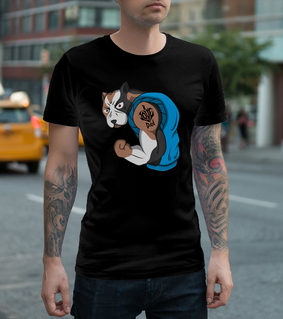 Funny Pit Bull Dog I Love Dad Tattoo Flexing Arm T-Shirt