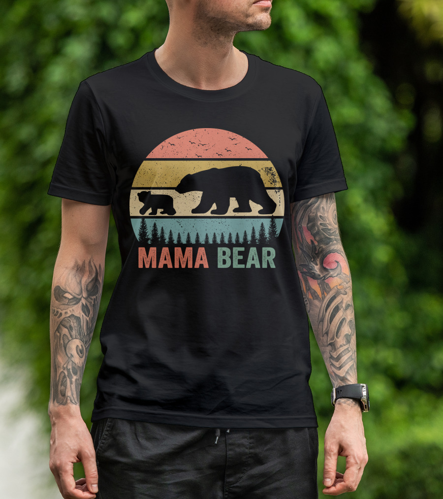 Mama Bear With Baby Cub Retro Sunset Silhouette Nature Scene T-Shirt