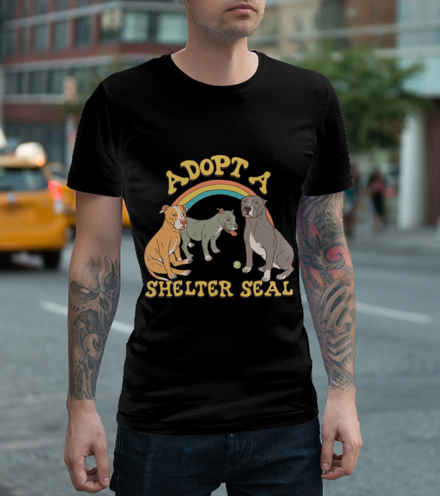 Adopt A Shelter Seal Pitbulls Rainbow Dogs T-Shirt