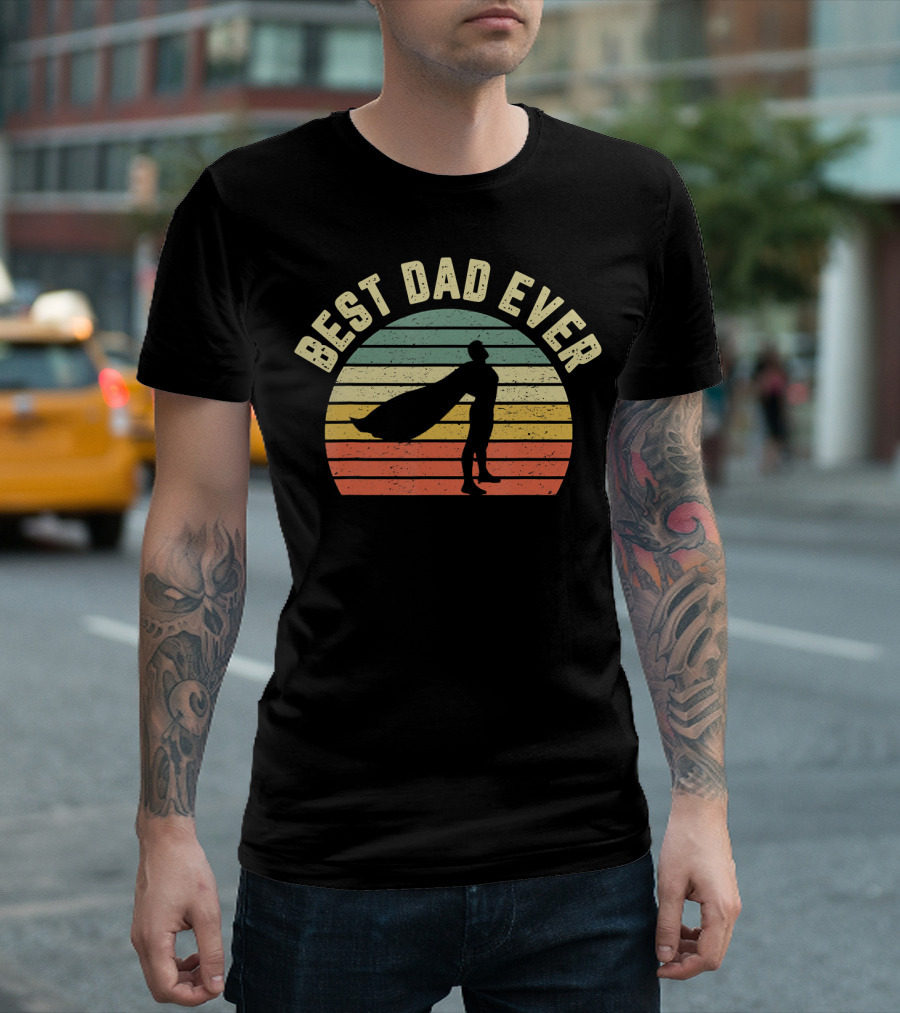 BEST DAD EVER SUPERHERO SILHOUETTE VINTAGE SUNSET STRIPES T-Shirt