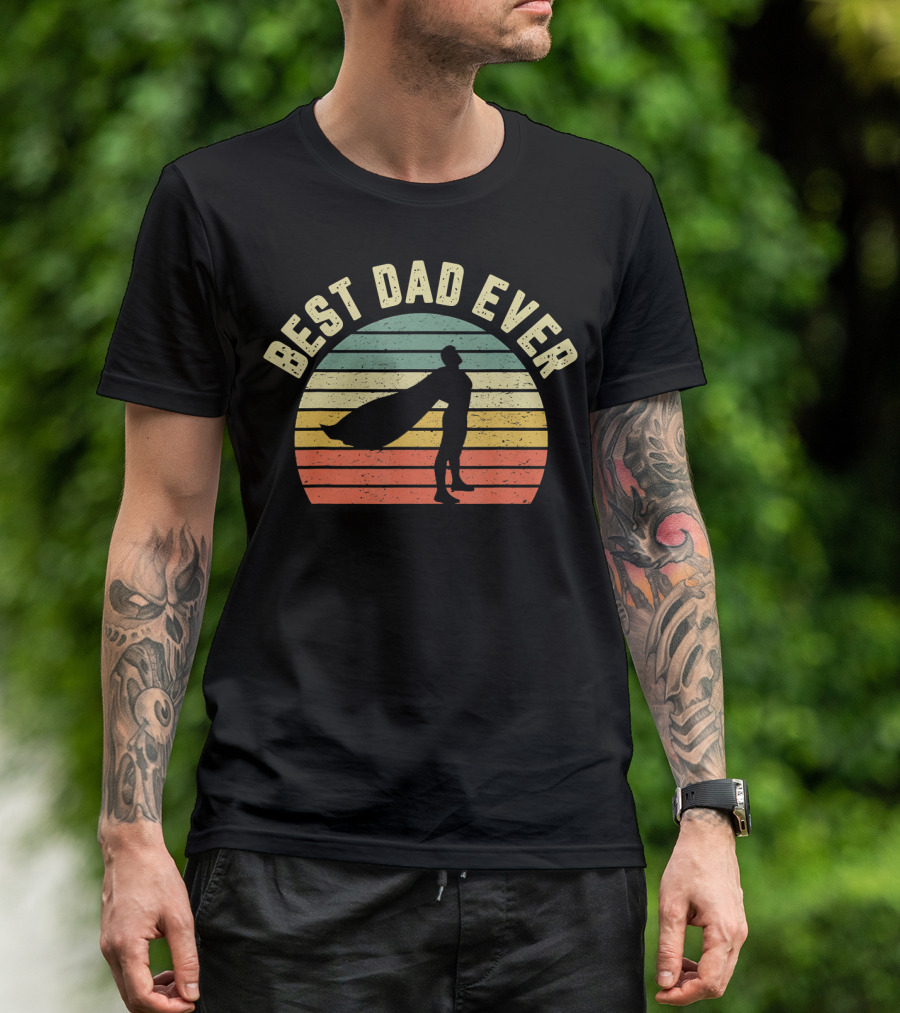 Best Dad Ever Superhero Silhouette Vintage Sunset Stripes T-Shirt