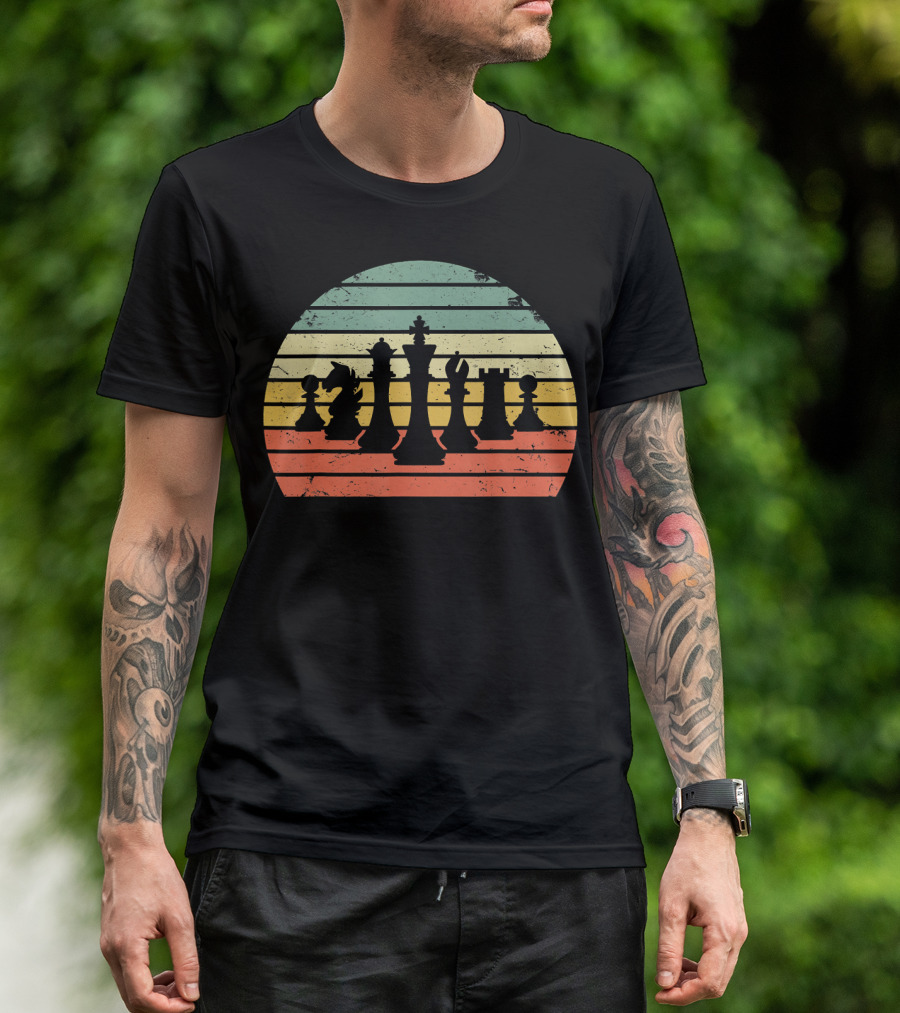 Chess Pieces Retro Sunset Stripes T-Shirt