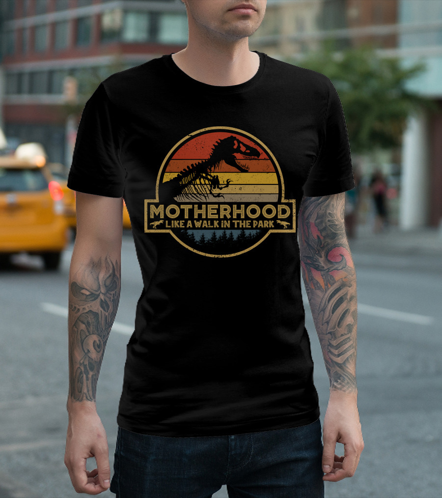 Motherhood Like A Walk In The Park Dinosaur Silhouette Retro T-Shirt