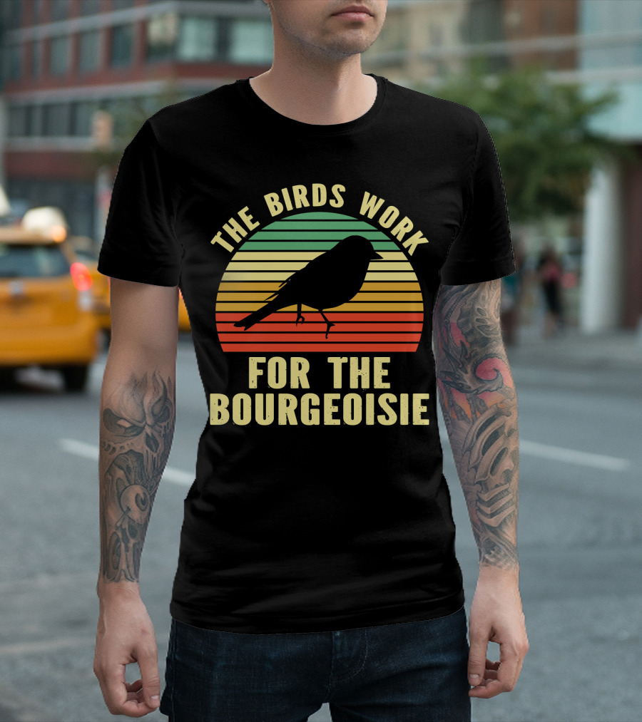 The Birds Work For The Bourgeoisie Retro Silhouette Bird Sunset Stripe T-Shirt