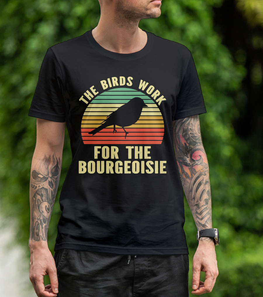 The Birds Work For The Bourgeoisie Retro Silhouette Bird Sunset Stripe T-Shirt
