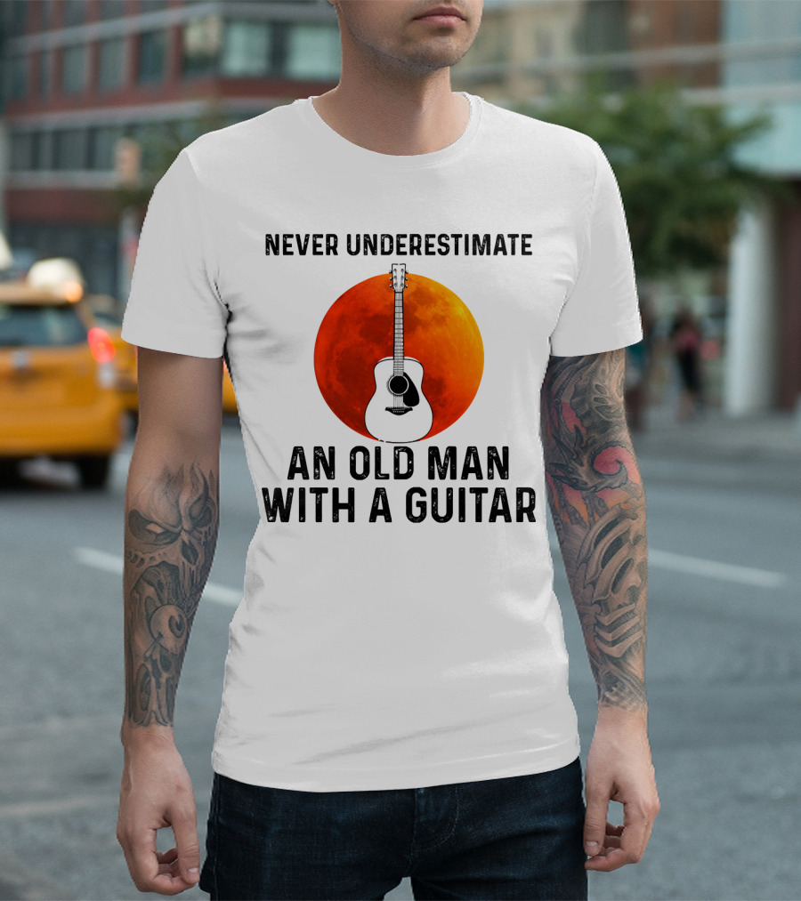 Never Underestimate an Old Man with a Guitar and Lunar Eclipse Background T-Shirt