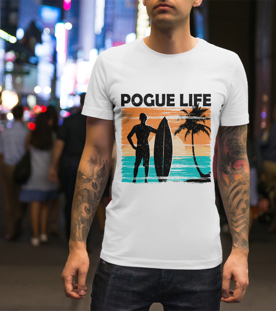 Pogue Life Outer Banks OBX Surf Silhouette Beach Sunset Palm Tree T-Shirt