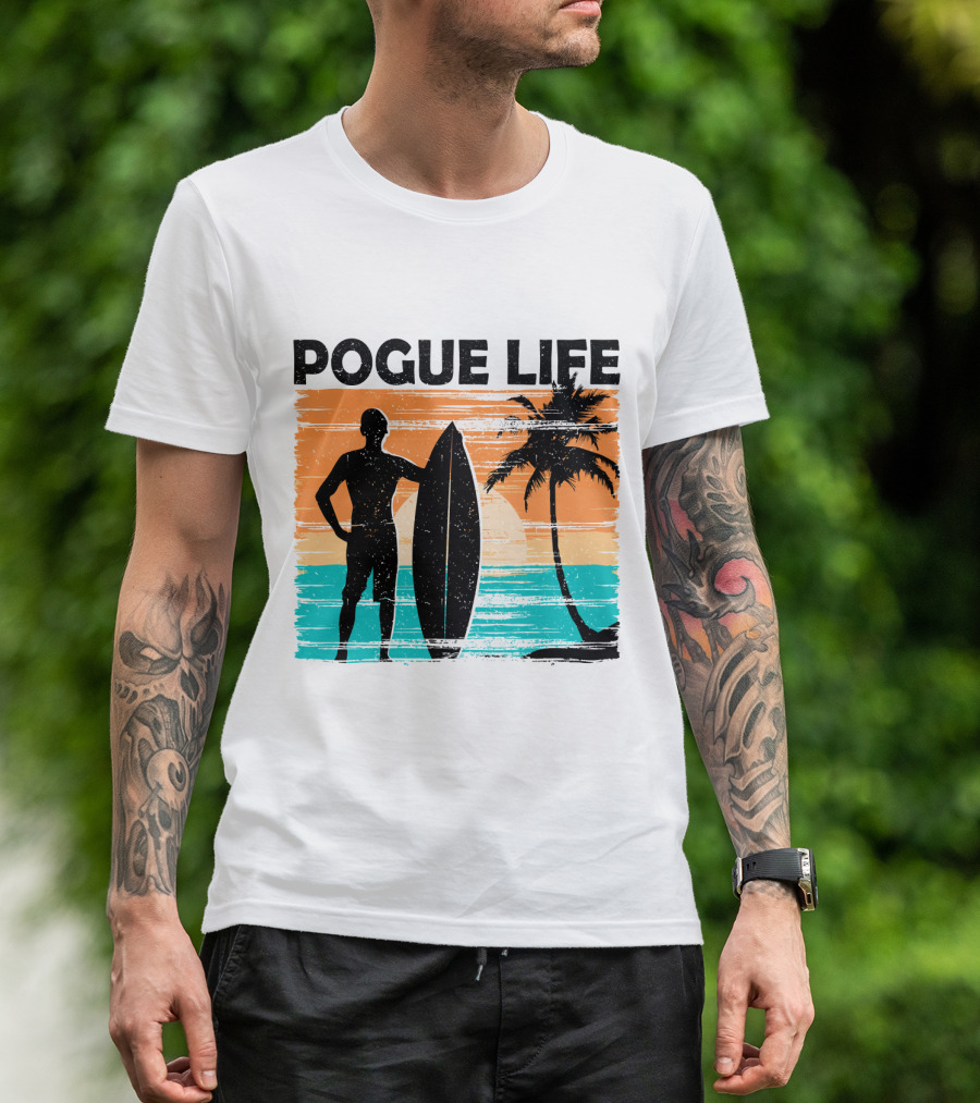 Pogue Life Outer Banks OBX Surf Silhouette Beach Sunset Palm Tree T-Shirt