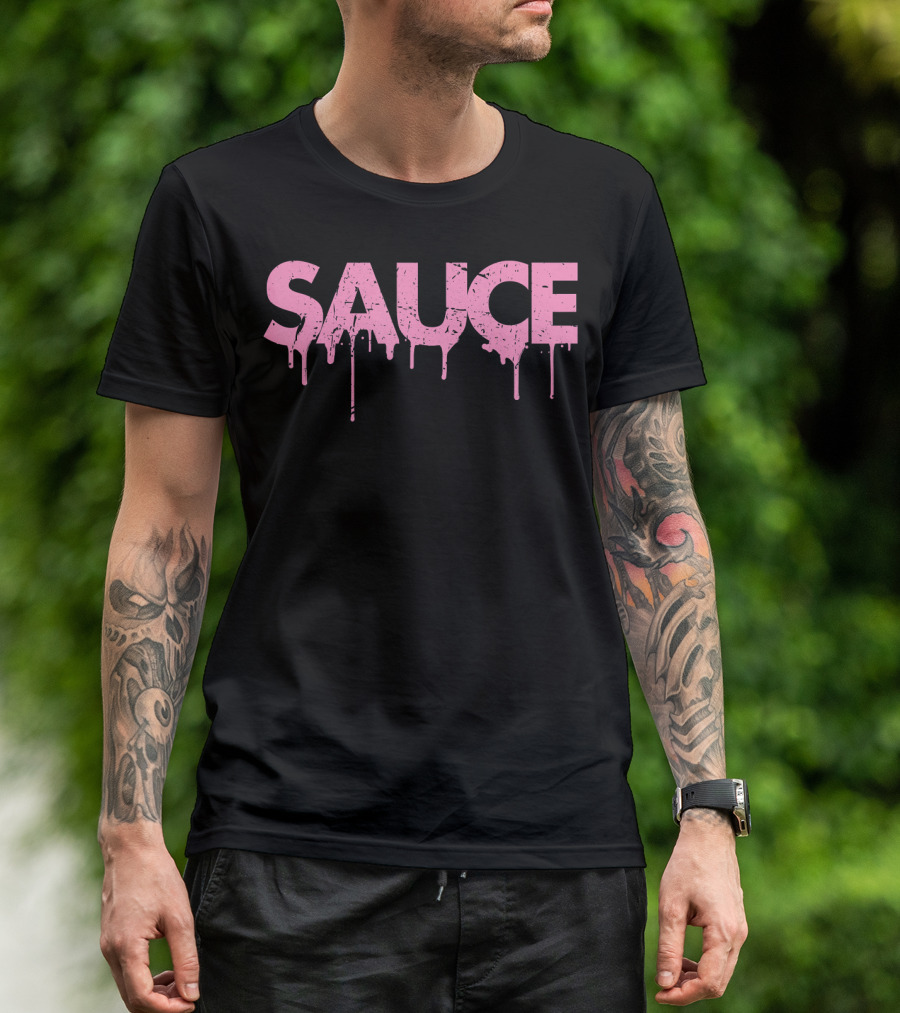 Sauce Melting Dripping Messy Saucy Pink Grunge Text T-Shirt