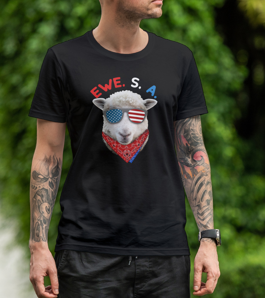 Ewe S A Sheep With USA Flag Sunglasses And Red Bandana T-Shirt