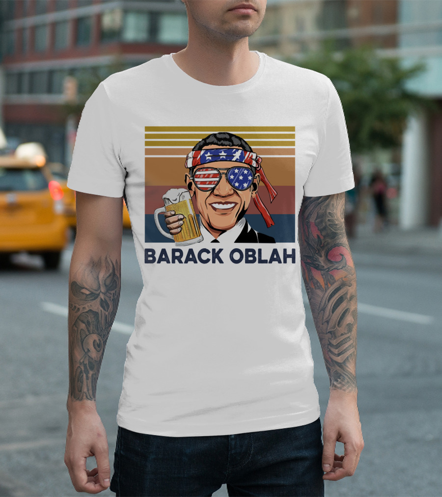Barack Obama Oblah Drink Vintage USA Flag Headband and Stars Stripes Shades with Beer Mug T-Shirt