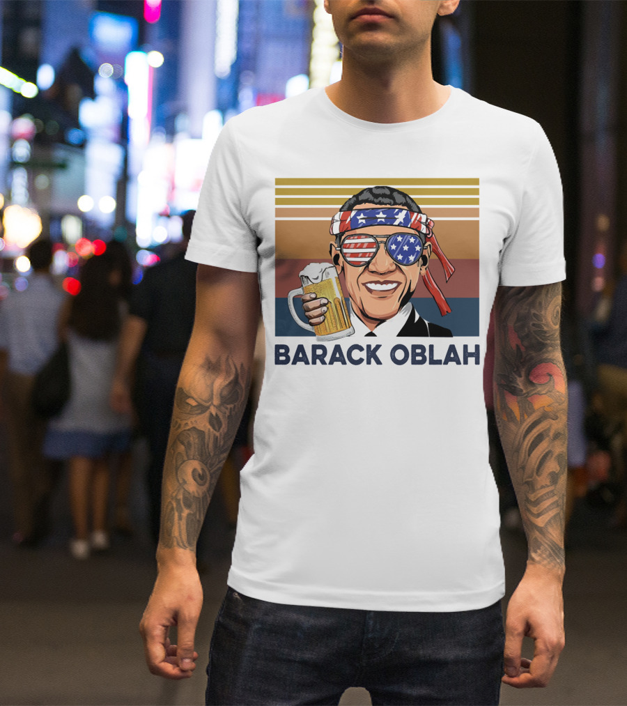 Barack Obama Oblah Drink Vintage USA Flag Headband And Stars Stripes Shades With Beer Mug T-Shirt