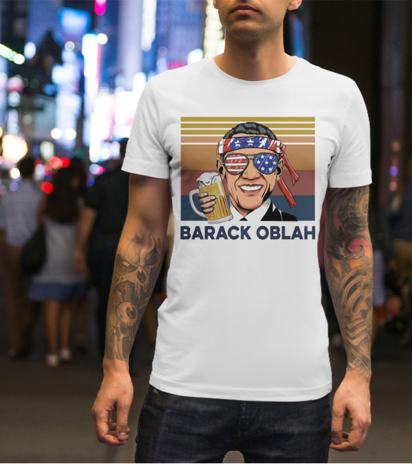 Barack Obama Oblah Drink Vintage USA Flag Headband And Stars Stripes Shades With Beer Mug T-Shirt