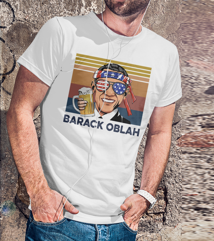 Barack Obama Oblah Drink Vintage USA Flag Headband And Stars Stripes Shades With Beer Mug T-Shirt