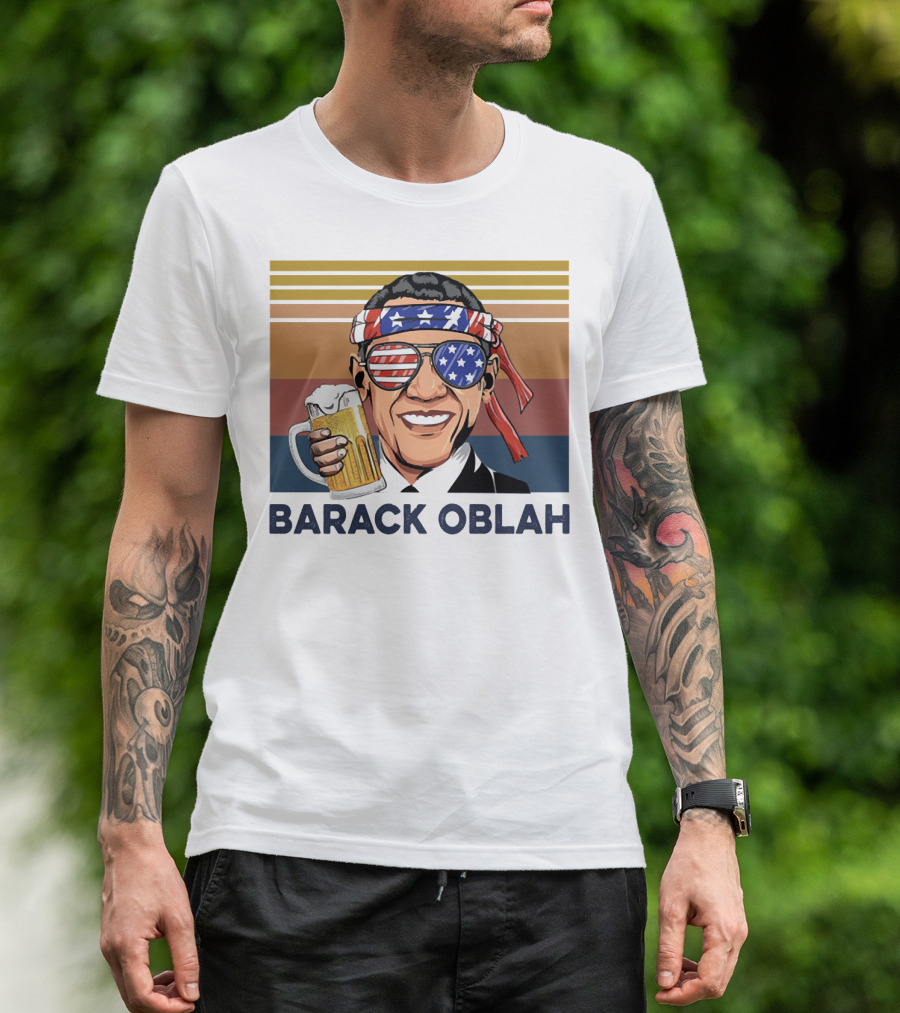 Barack Obama Oblah Drink Vintage USA Flag Headband And Stars Stripes Shades With Beer Mug T-Shirt