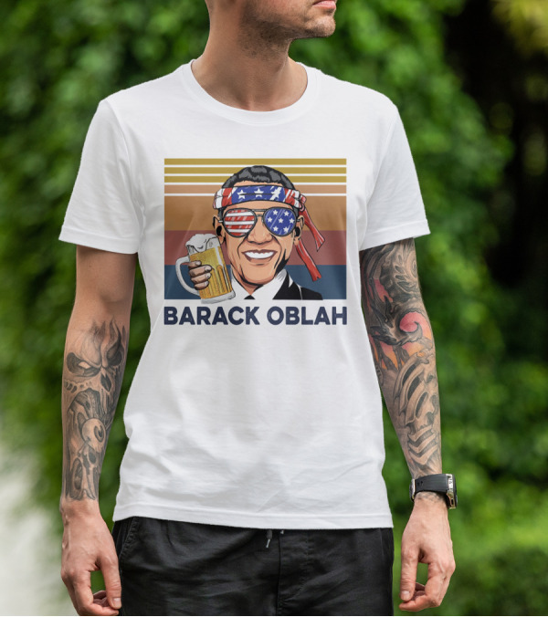 Barack Obama Oblah Drink Vintage USA Flag Headband And Stars Stripes Shades With Beer Mug T-Shirt
