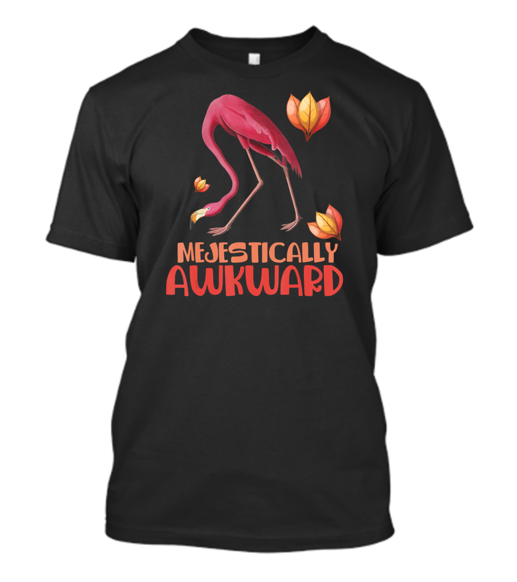 Majestically Awkward Flamingo With Colorful Leaves T-Shirt
