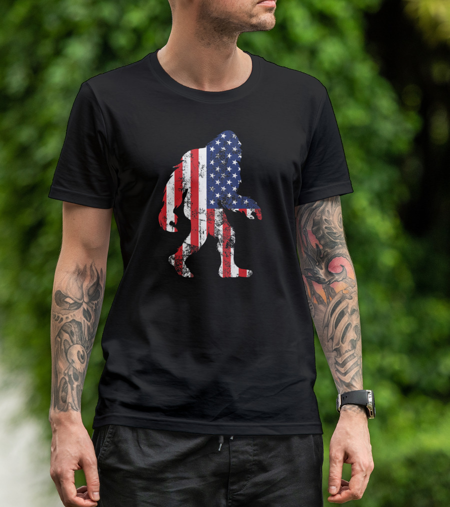 Patriotic Bigfoot Silhouette With American Flag Colors T-Shirt