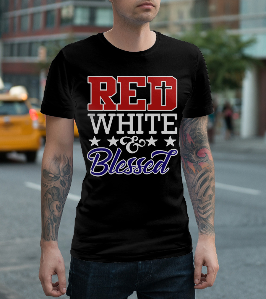 Red White Blessed Patriot Cross Stars T-Shirt