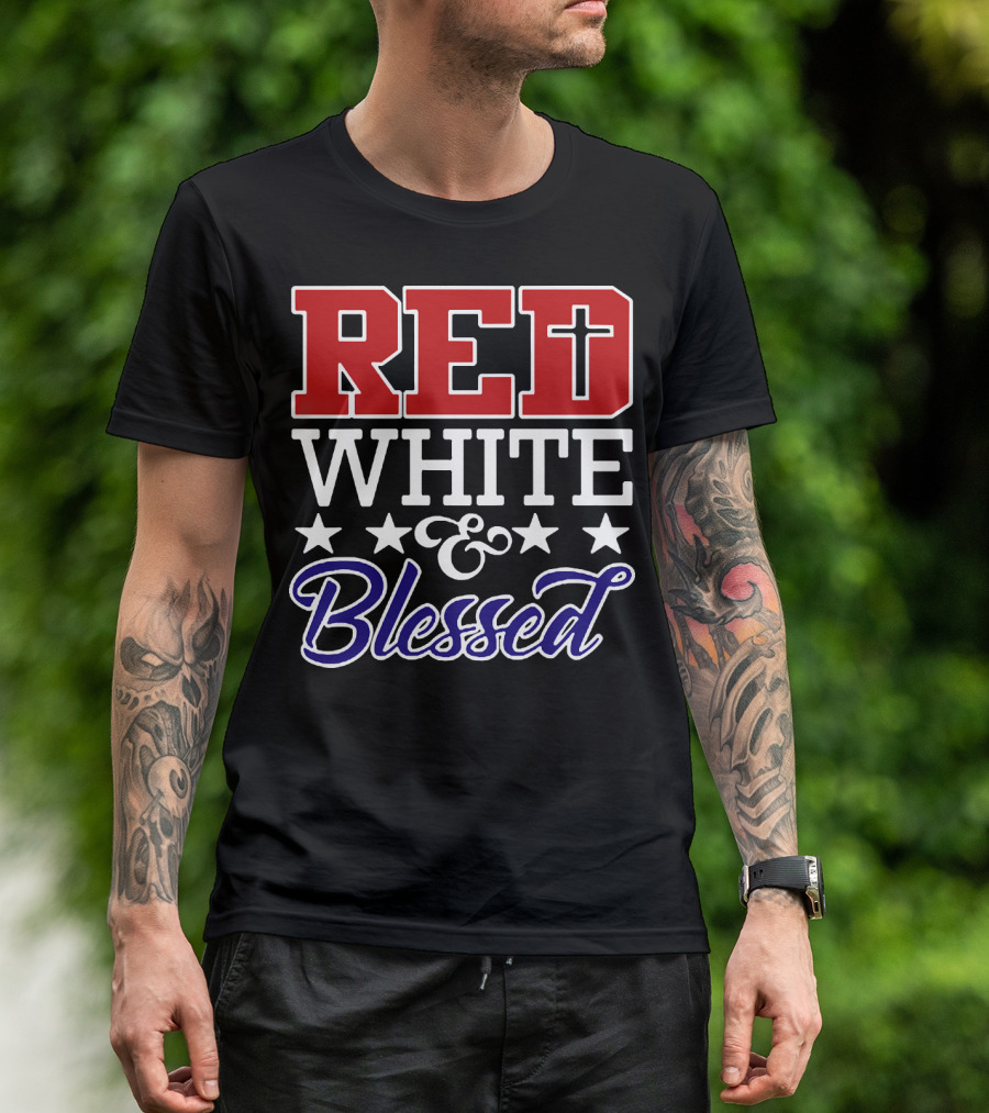 Red White Blessed Patriot Cross Stars T-Shirt