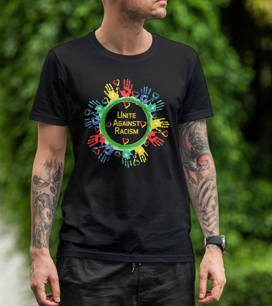 Unite Against Racism Colorful Handprints Circle With Hearts T-Shirt