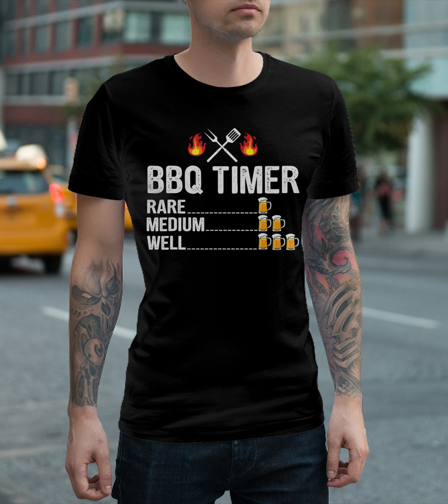 BBQ Timer Rare Medium Well Beer Flames Fork Spatula Mugs T-Shirt