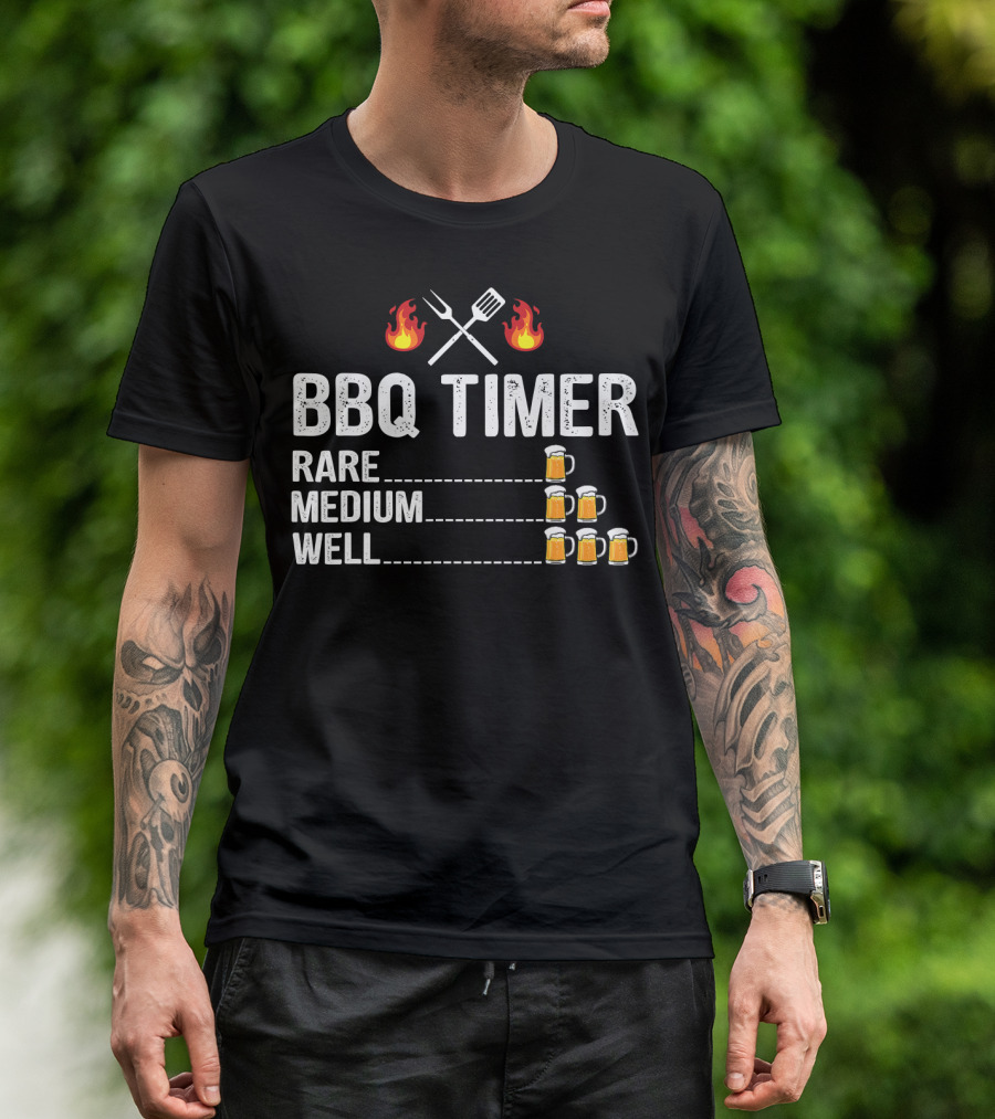 BBQ Timer Rare Medium Well Beer Flames Fork Spatula Mugs T-Shirt
