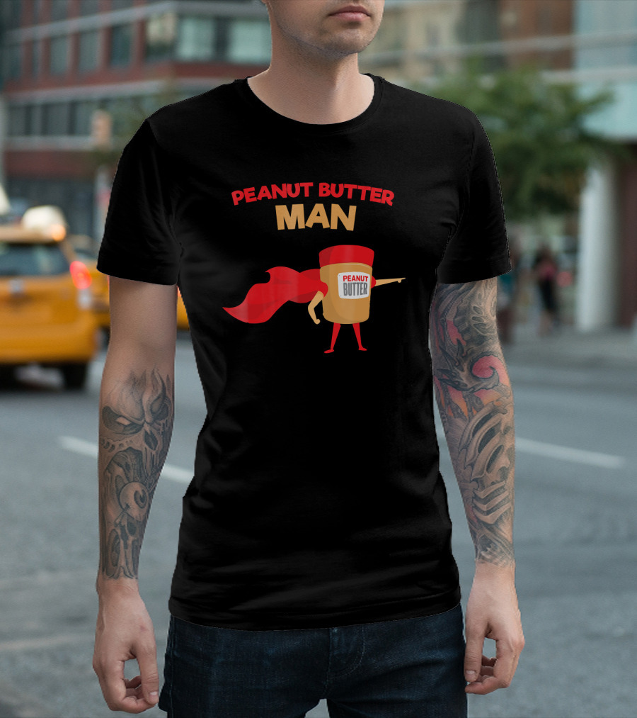 Peanut Butter Man Superhero in Red Cape Jar with Bold Letters T-Shirt