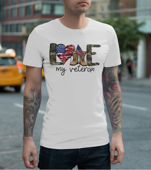 Love Camouflage Heart Boots American Flag My Veteran T-Shirt