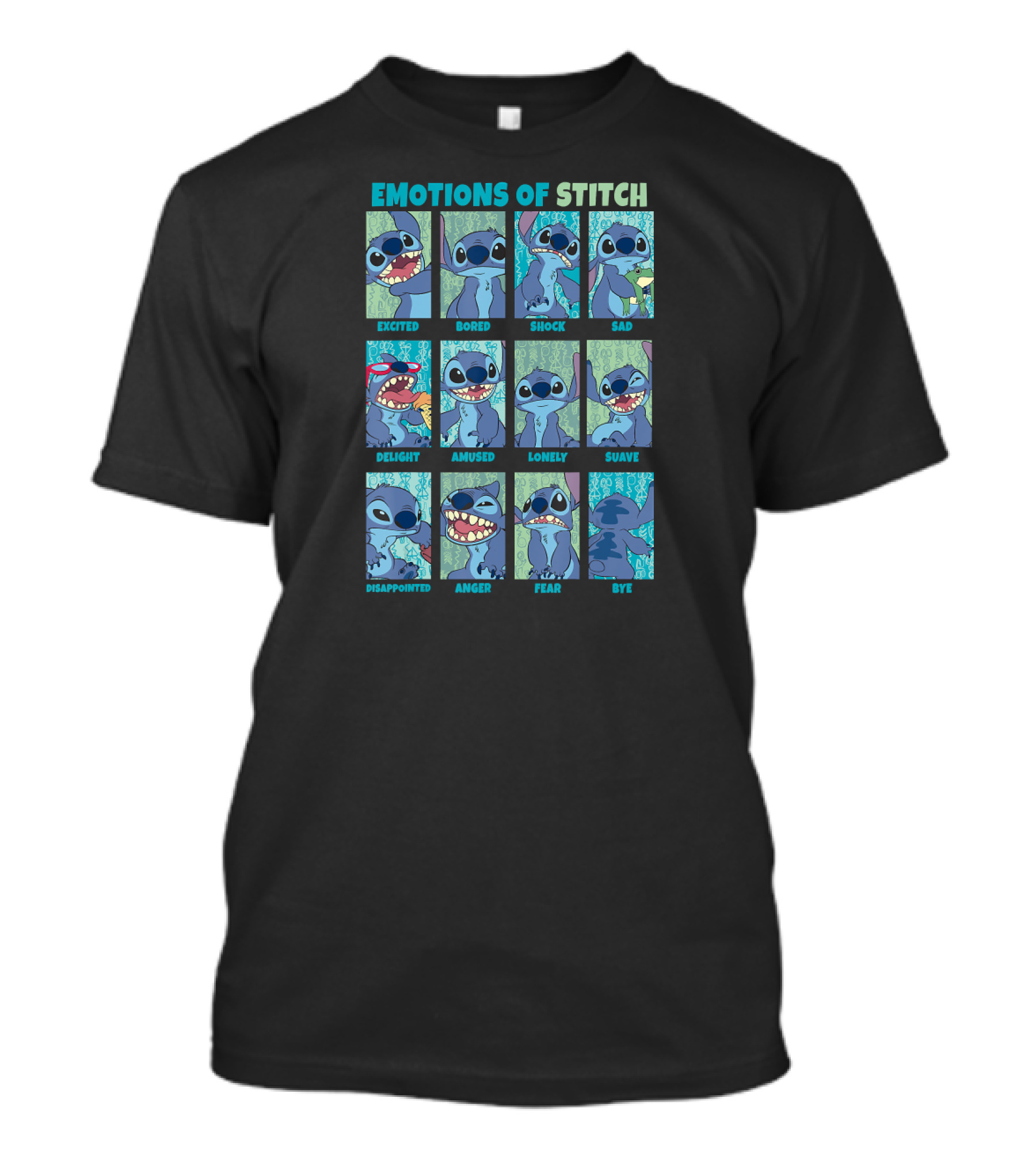 Disney Lilo And Stitch Excited Bored Shock Sad Delight Amused Lonely Suave Disappointed Anger Fear Bye Emotions Of Stitch T-Shirt