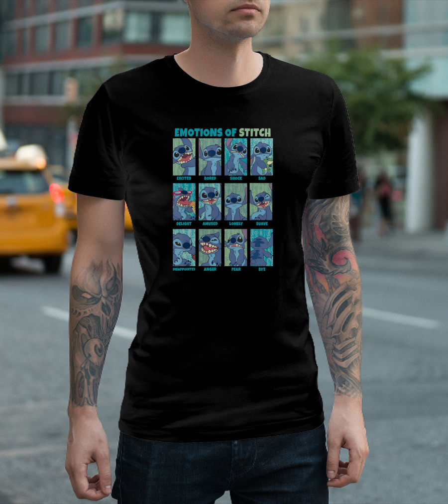 Disney Lilo And Stitch Excited Bored Shock Sad Delight Amused Lonely Suave Disappointed Anger Fear Bye Emotions Of Stitch T-Shirt