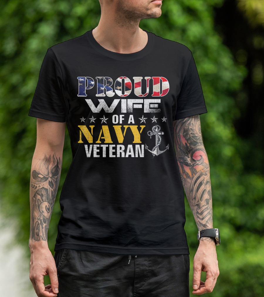 Proud Wife Of A Navy Veteran USA Flag Anchor Stars T-Shirt